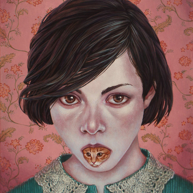 This surreal Casey Weldon portrait in acrylic on wood shows a person with short dark hair and a calm expression while a small cat emerges from their mouth, set against floral-patterned wallpaper in pink and orange.