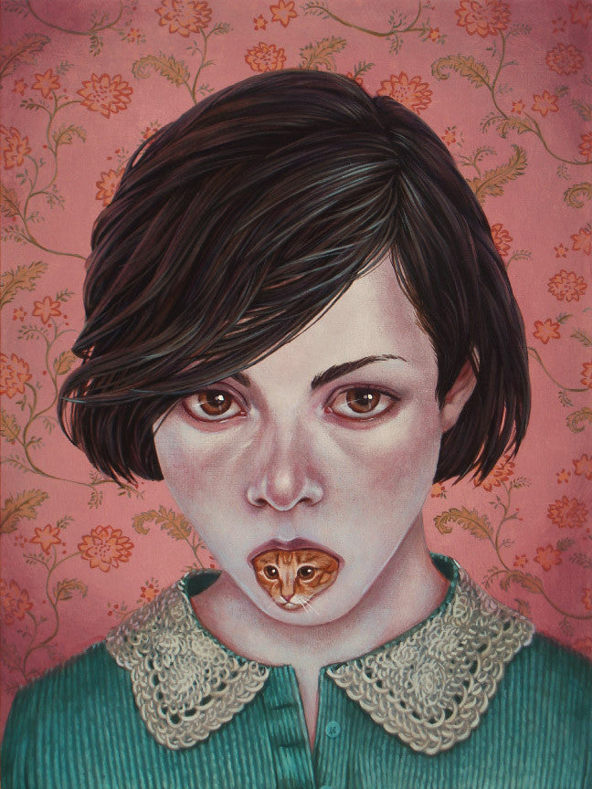 This surreal Casey Weldon portrait in acrylic on wood shows a person with short dark hair and a calm expression while a small cat emerges from their mouth, set against floral-patterned wallpaper in pink and orange.
