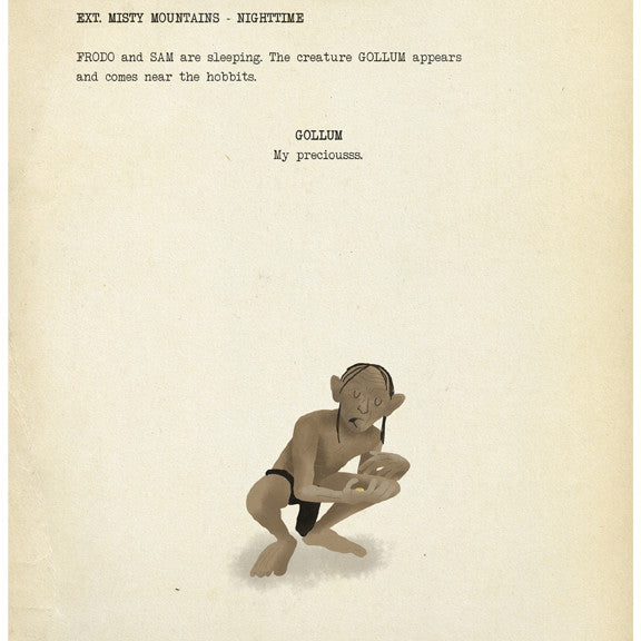 Max Daltons fine art giclee print features a watercolor of Gollum crouching with the One Ring, along with a script excerpt about the Misty Mountains at night. Experience this captivating piece at the Lord of the Thrones exhibition.