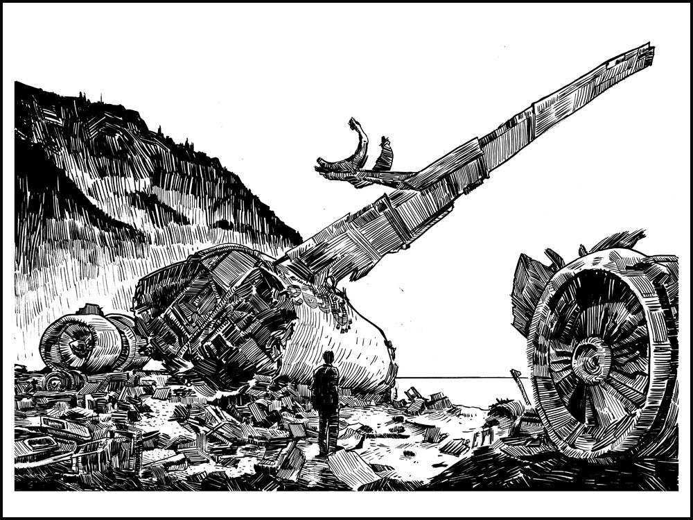Original pen and ink artwork by Tim Doyle depicts a plane crash site by a rocky shore, featuring a lone figure among debris facing a wrecked engine and fractured fuselage, with ominous cliffs in the background.
