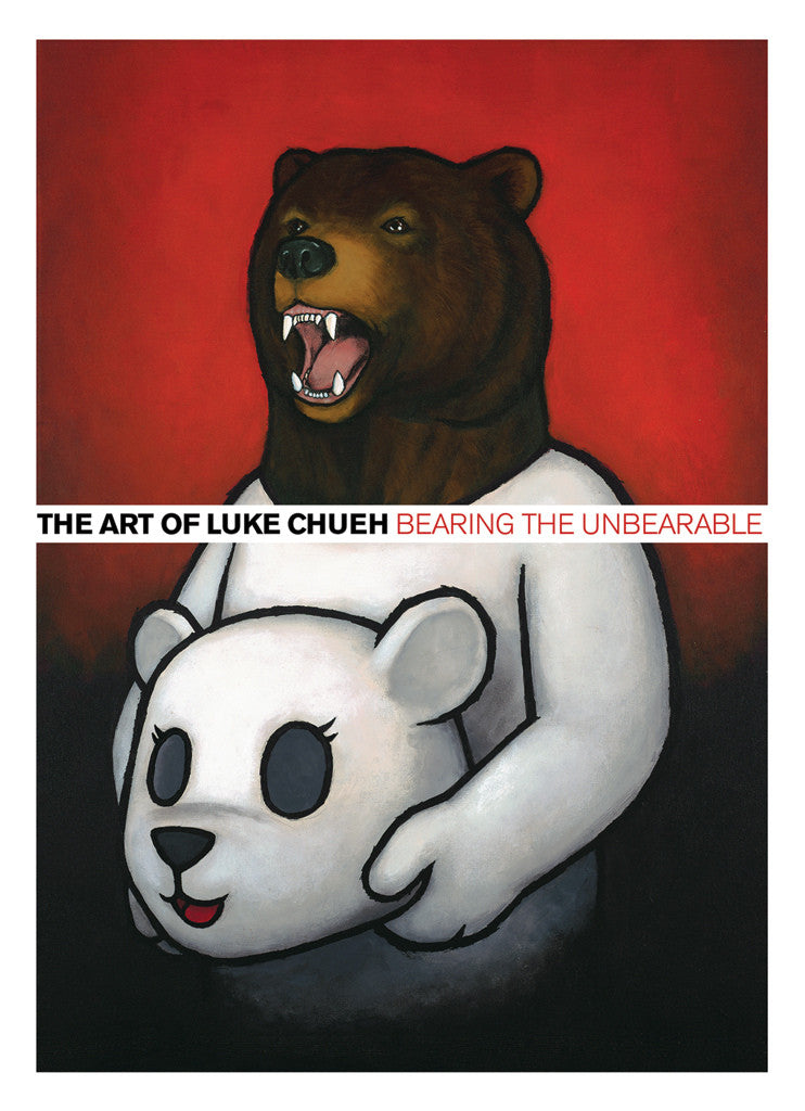 Luke Chuehs notable artwork features a bear standing on two legs, dramatically removing a white bear mask, revealing sharp teeth against a red backdrop. Titled Bearing The Unbearable, this piece is included in his signed book collection.