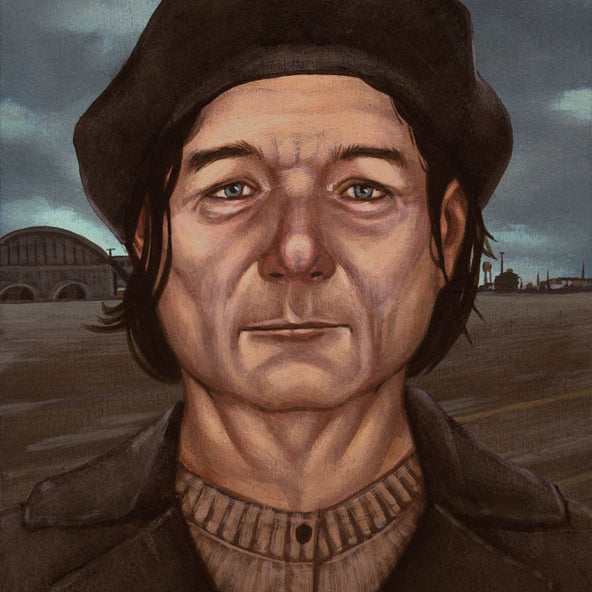 A painting by Casey Weldon depicts a solemn figure with long dark hair in a brown hat and coat. The cloudy sky and distant buildings create a moody atmosphere reminiscent of Margaret Murray’s ethereal works, as the figure gazes directly at the viewer, inviting contemplation.