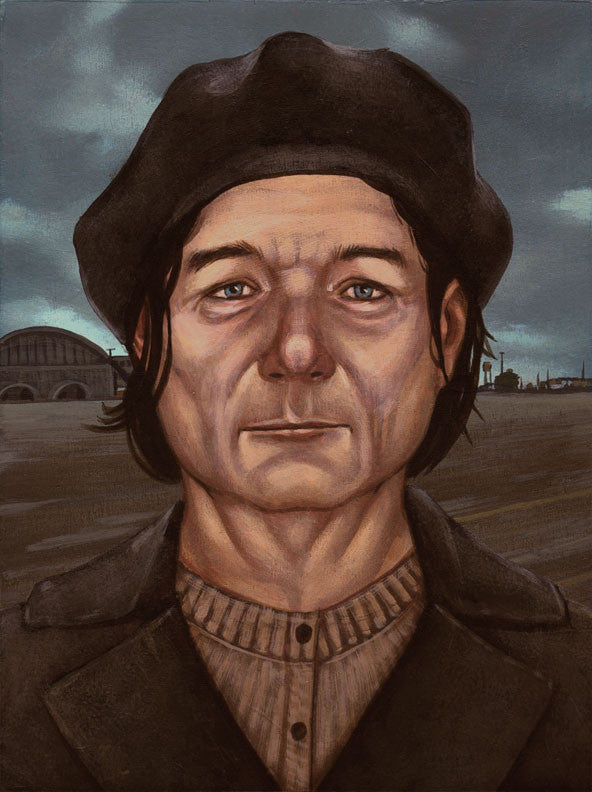 A painting by Casey Weldon depicts a solemn figure with long dark hair in a brown hat and coat. The cloudy sky and distant buildings create a moody atmosphere reminiscent of Margaret Murray’s ethereal works, as the figure gazes directly at the viewer, inviting contemplation.