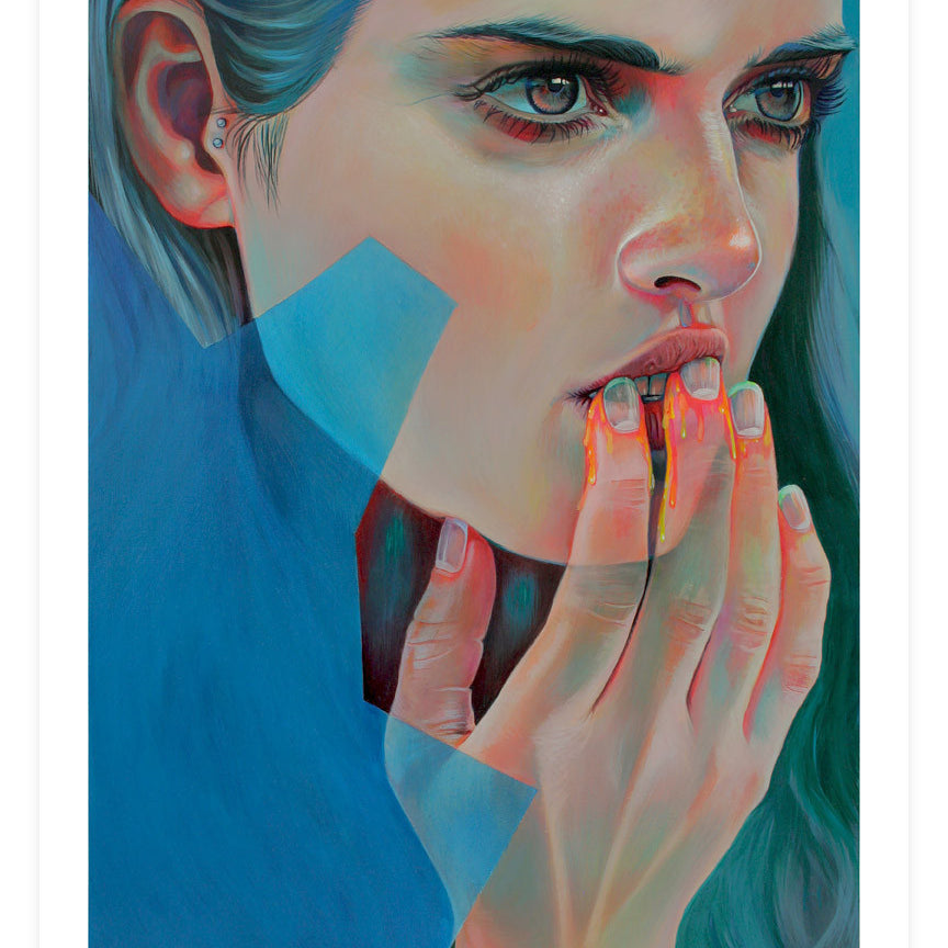 Martine Johannas fine art archival digital print portrays a person with intense eyes gazing sideways, their hands covering their mouth. Vivid blue, orange, and pink enhance the surreal effect, with an abstract geometric shape overlaying the image. Its all safeguarded by UV-resistant plexiglass.