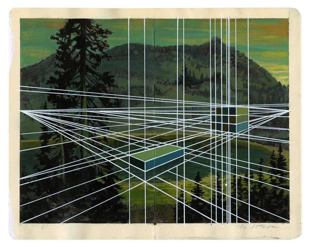 A landscape painting of mountains and trees near Naches Peak features white geometric lines forming boxes and grids, creating a surreal and layered effect. The artwork blends nature with abstract geometry, resembling a Mary Iverson piece.
