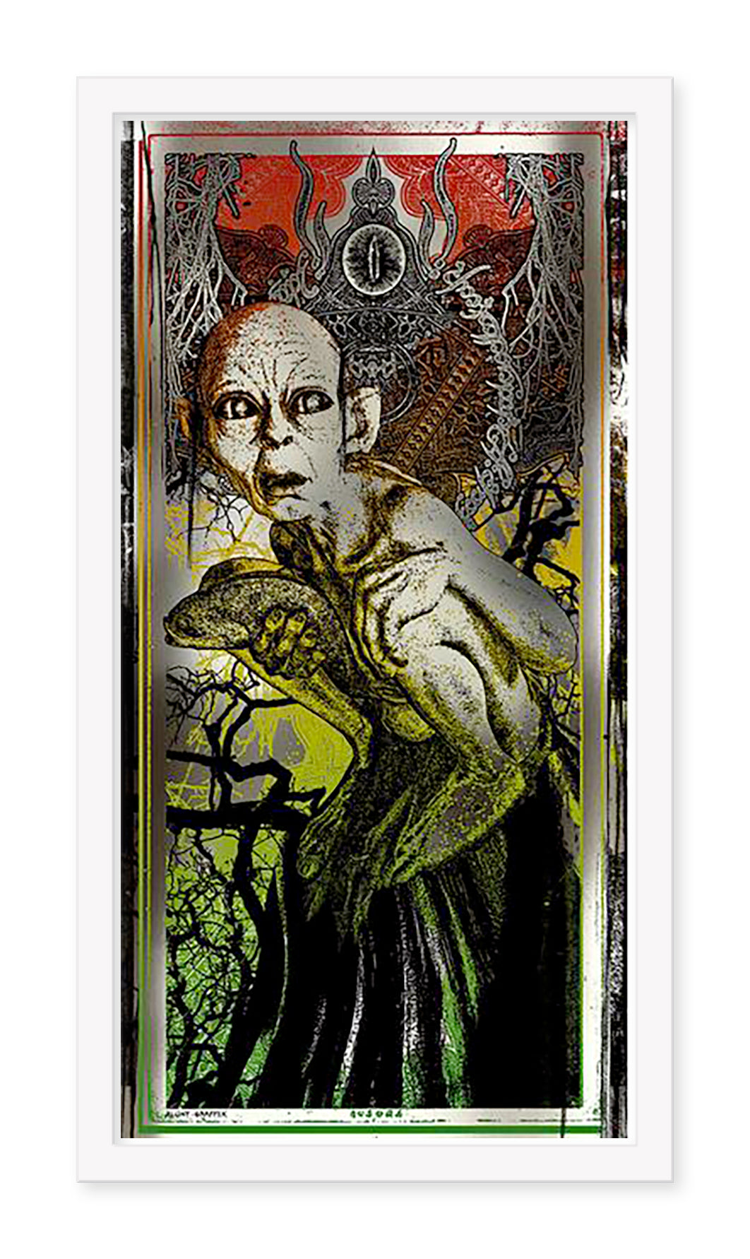 A surreal archival pigment print by Matt Dye depicts a Sméagol-like humanoid holding a fish, set against abstract designs in red, green, and yellow hues with a central eye symbol and branches at the bottom.