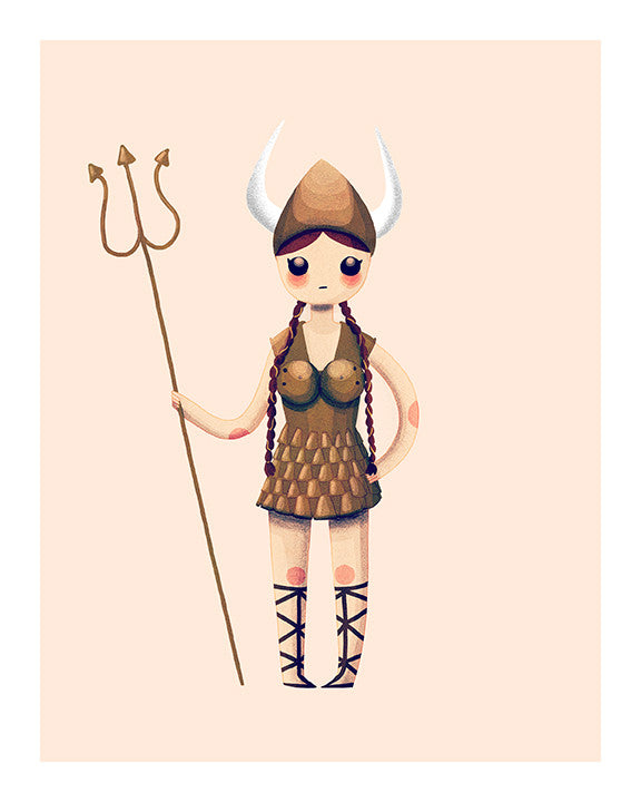 Nan Lawson presents an archival pigment print of a girl as a Viking warrior, complete with horned helmet, scale armor, trident, long braided hair, lace-up sandals, and knee-high socks. This piece captures the spirit of ancient legends.