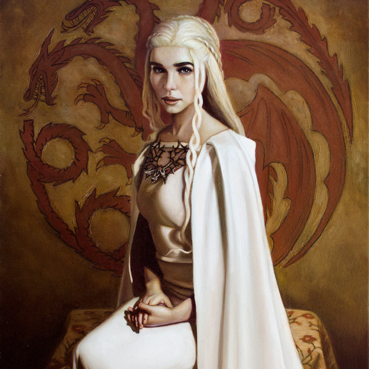 A woman with long white hair and a white dress sits against a red, three-headed dragon emblem background, reminiscent of Daenerys Targaryen. She wears an ornate necklace and maintains a calm expression. The muted earth-tone backdrop evokes an oil painting style in this Michael Ramstead piece.