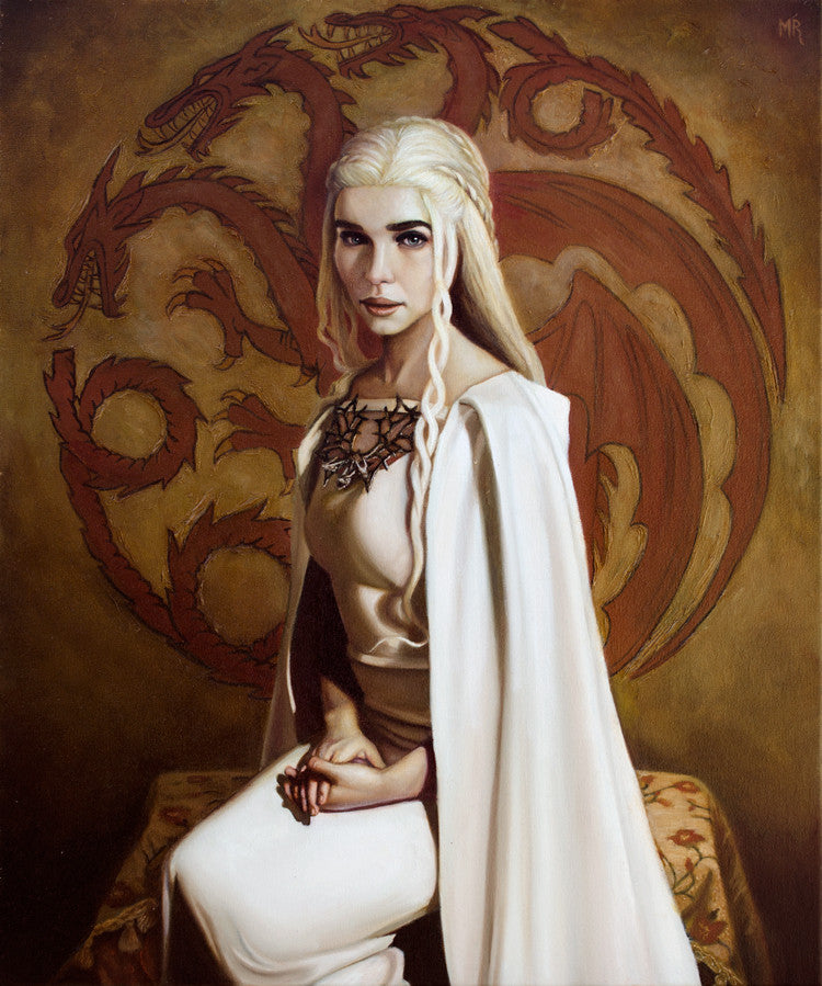 A woman with long white hair and a white dress sits against a red, three-headed dragon emblem background, reminiscent of Daenerys Targaryen. She wears an ornate necklace and maintains a calm expression. The muted earth-tone backdrop evokes an oil painting style in this Michael Ramstead piece.