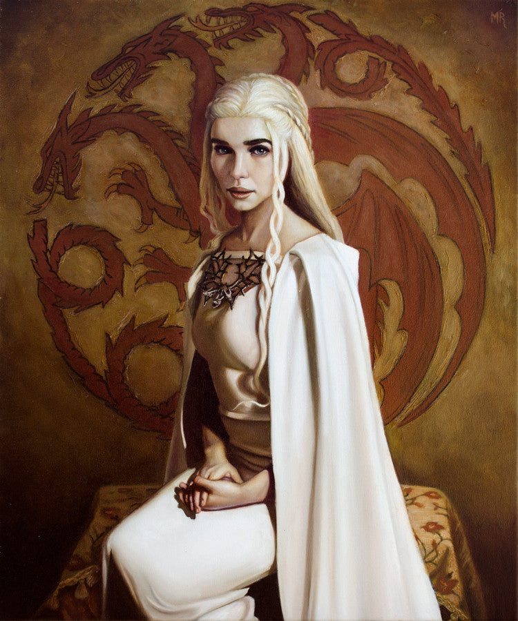 A woman with long white hair and a white dress sits against a red, three-headed dragon emblem background, reminiscent of Daenerys Targaryen. She wears an ornate necklace and maintains a calm expression. The muted earth-tone backdrop evokes an oil painting style in this Michael Ramstead piece.