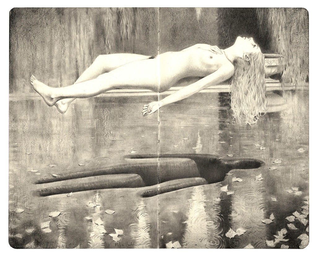 Miles Johnstons surreal drawing portrays a nude woman floating on water, her reflection an eerie silhouette. The scene, with raindrops and leaves on the surface, creates a dreamlike atmosphere akin to a Moleskine exhibit.