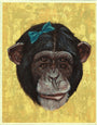 A surreal painting by Casey Weldon features a chimpanzee with dual pairs of eyes against a textured yellow backdrop, adorned with a blue bow on its head, exhibited at the Spoke Art Gallery.