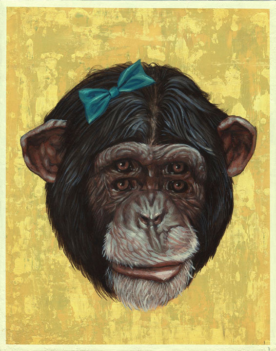 A surreal painting by Casey Weldon features a chimpanzee with dual pairs of eyes against a textured yellow backdrop, adorned with a blue bow on its head, exhibited at the Spoke Art Gallery.