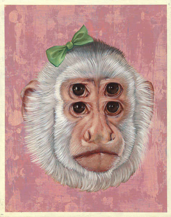 An acrylic on wood surreal illustration by Casey Weldon showcases a neutral-faced monkey with four eyes, two noses, and a small green bow against a textured pink background, highlighting the artworks whimsical nature.