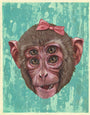 The surreal Monkey Monkey 4 piece by Casey Weldon features a monkey head with four eyes and a pink bow, set against a textured teal background. Its captured vividly in acrylic on wood, embodying Weldons whimsical style.