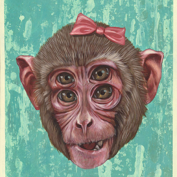 The surreal Monkey Monkey 4 piece by Casey Weldon features a monkey head with four eyes and a pink bow, set against a textured teal background. Its captured vividly in acrylic on wood, embodying Weldons whimsical style.