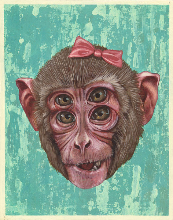 The surreal Monkey Monkey 4 piece by Casey Weldon features a monkey head with four eyes and a pink bow, set against a textured teal background. Its captured vividly in acrylic on wood, embodying Weldons whimsical style.