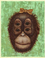The enchanting painting Monkey Monkey 2 by Casey Weldon depicts a four-eyed orangutan with a small brown bow on its head. Crafted in acrylic on wood, it features a textured green background that highlights the shaggy fur and neutral expression of the orangutan, captivating viewers.