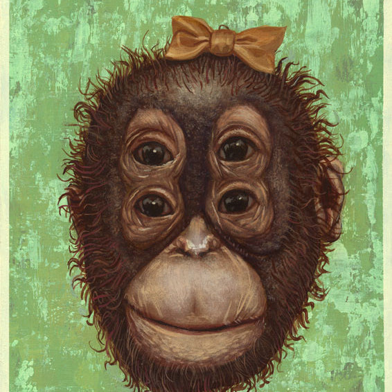 The enchanting painting Monkey Monkey 2 by Casey Weldon depicts a four-eyed orangutan with a small brown bow on its head. Crafted in acrylic on wood, it features a textured green background that highlights the shaggy fur and neutral expression of the orangutan, captivating viewers.