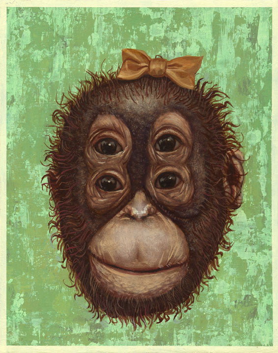 The enchanting painting Monkey Monkey 2 by Casey Weldon depicts a four-eyed orangutan with a small brown bow on its head. Crafted in acrylic on wood, it features a textured green background that highlights the shaggy fur and neutral expression of the orangutan, captivating viewers.