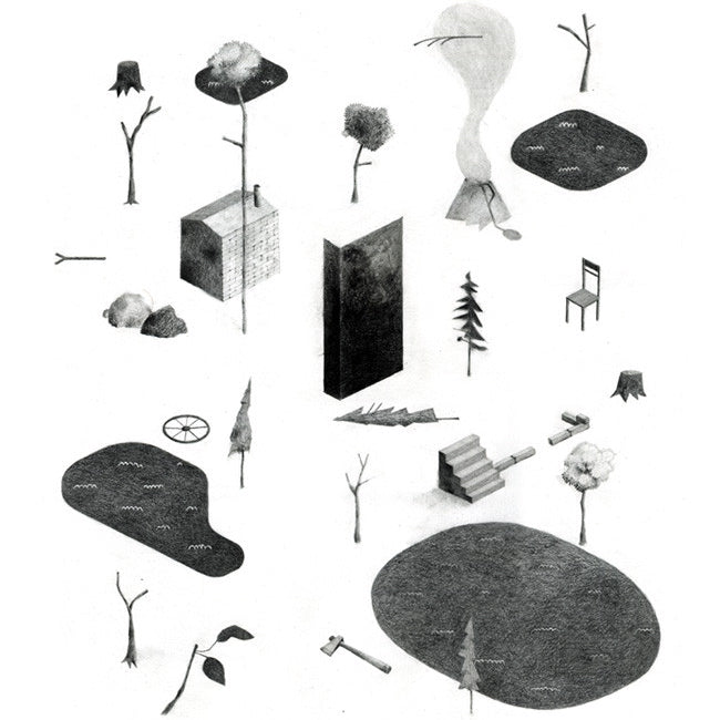 Surreal graphite on paper artwork by Jonas Lofgren features floating elements like trees, a house, chair, and pool against a white backdrop. Rocks, stumps, stairs, and doors add to the dreamscape in this framed monolithic composition.