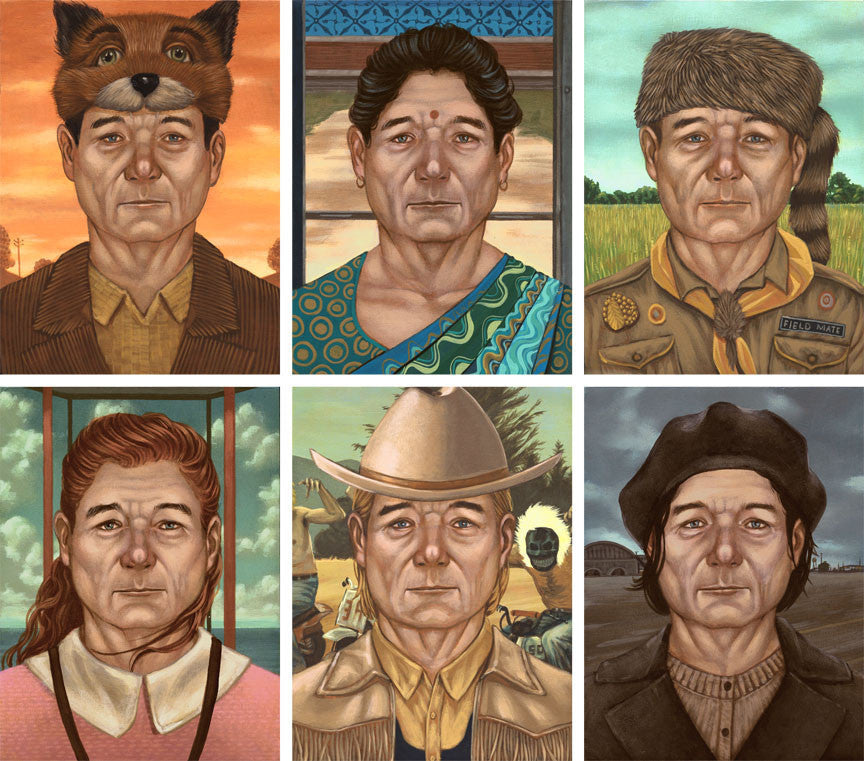 Casey Weldons vibrant collage features six whimsical portraits: a quirky fox hat, vivid blue attire, raccoon cap with scout uniform, red outfit on a swing, cowboy hat charm, and beret with coat. This piece captures distinct wardrobe narratives in Fox Murrays style seamlessly.