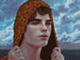 A person with a contemplative expression pulls the hood of a textured, colorful garment over their head, set against a dynamic, cloudy sky above a calm sea—a scene reminiscent of Casey Weldons vivid style.