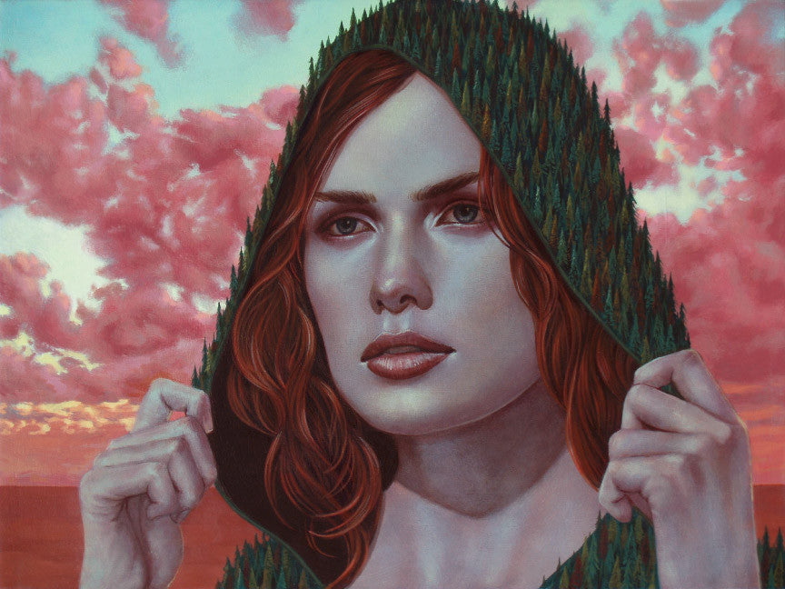 A red-haired woman pulls a Mt. Hood-inspired hood over her head, displaying lush green trees. The vibrant sky features pink clouds and an orange horizon, capturing the surreal style of Casey Weldon in this brilliant acrylic on wood artwork by the same artist.