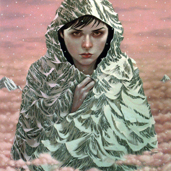 Casey Weldons acrylic on wood piece portrays a serene figure in a cloak resembling Mt. Hoods snowy slopes, with a pink sky and fluffy clouds, creating a dreamlike atmosphere often featured at Spoke Art Gallery.