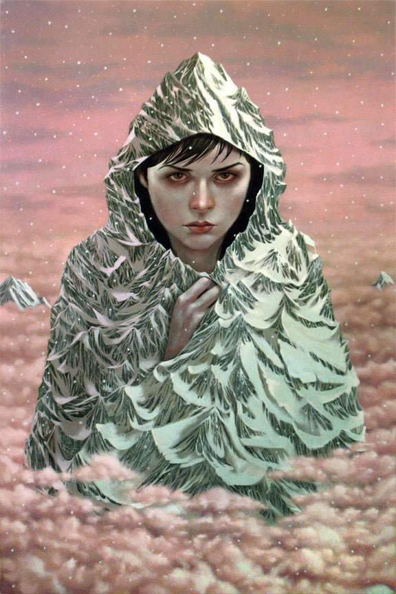 Casey Weldons acrylic on wood piece portrays a serene figure in a cloak resembling Mt. Hoods snowy slopes, with a pink sky and fluffy clouds, creating a dreamlike atmosphere often featured at Spoke Art Gallery.