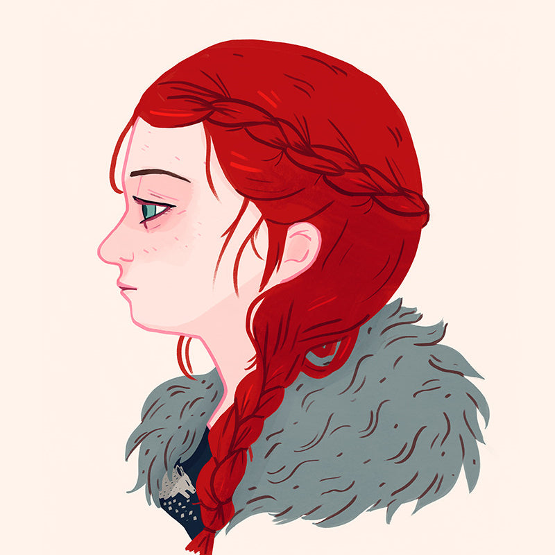 A profile illustration by Nan Lawson features a person with red braided hair, freckles, and a fur-like collar garment, evoking characters from George R.R. Martins epic tales, set against a plain background.