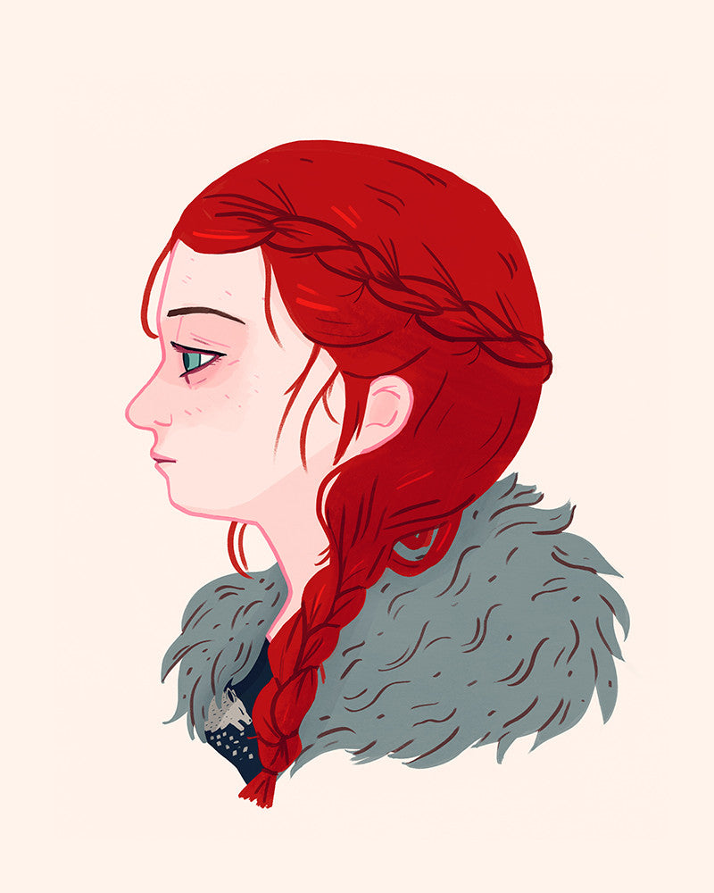 A profile illustration by Nan Lawson features a person with red braided hair, freckles, and a fur-like collar garment, evoking characters from George R.R. Martins epic tales, set against a plain background.
