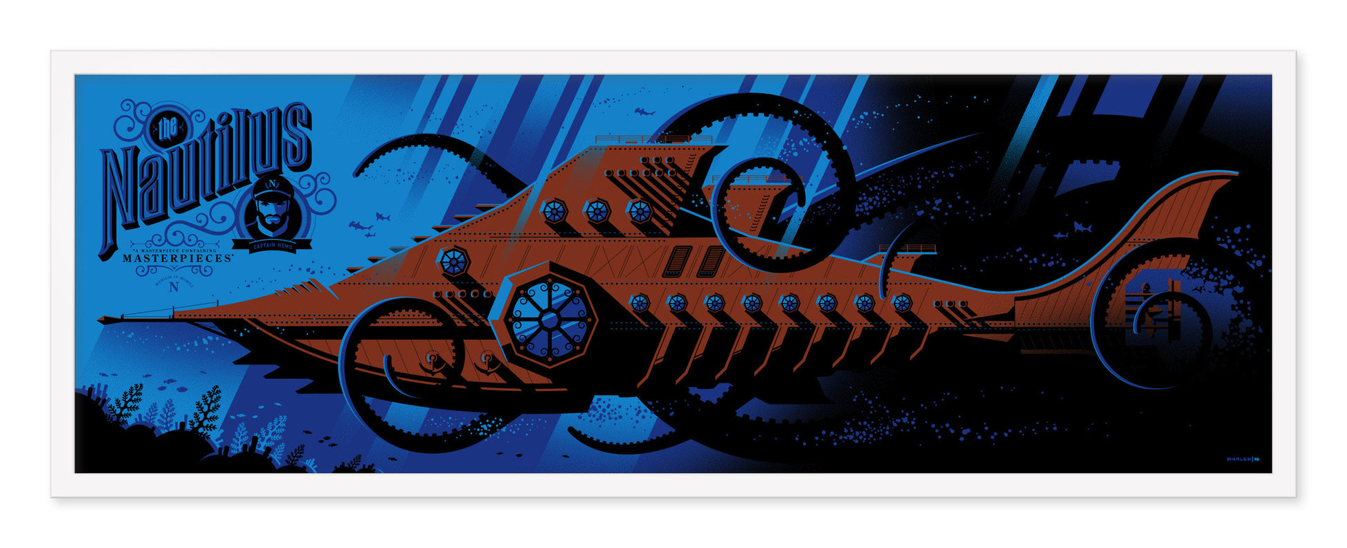 Tom Whalens stylized illustration features a squid-like futuristic submarine against a deep blue sea. The Nautilus-inspired design includes circular windows and tentacle extensions, accompanied by the text Nautilus Masterpieces on the left. Ideal for custom framing.