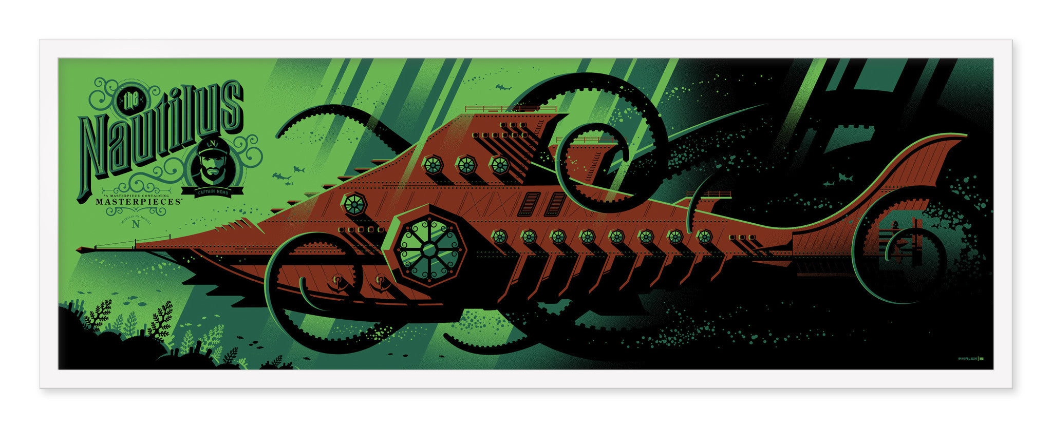 This Tom Whalen screen print features a vintage-style submarine called Nautilus in green and brown tones. With circular windows and tentacle-like designs, it glides through an abstract sea scene, ideal for custom framing to enhance its classic look.