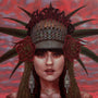 Against a vibrant pink and blue sky, a serene woman adorned with a spiked headdress of red roses, greenery, and metallic elements is captured in Casey Weldons surreal style that showcases meticulous detail admired at Spoke Art.