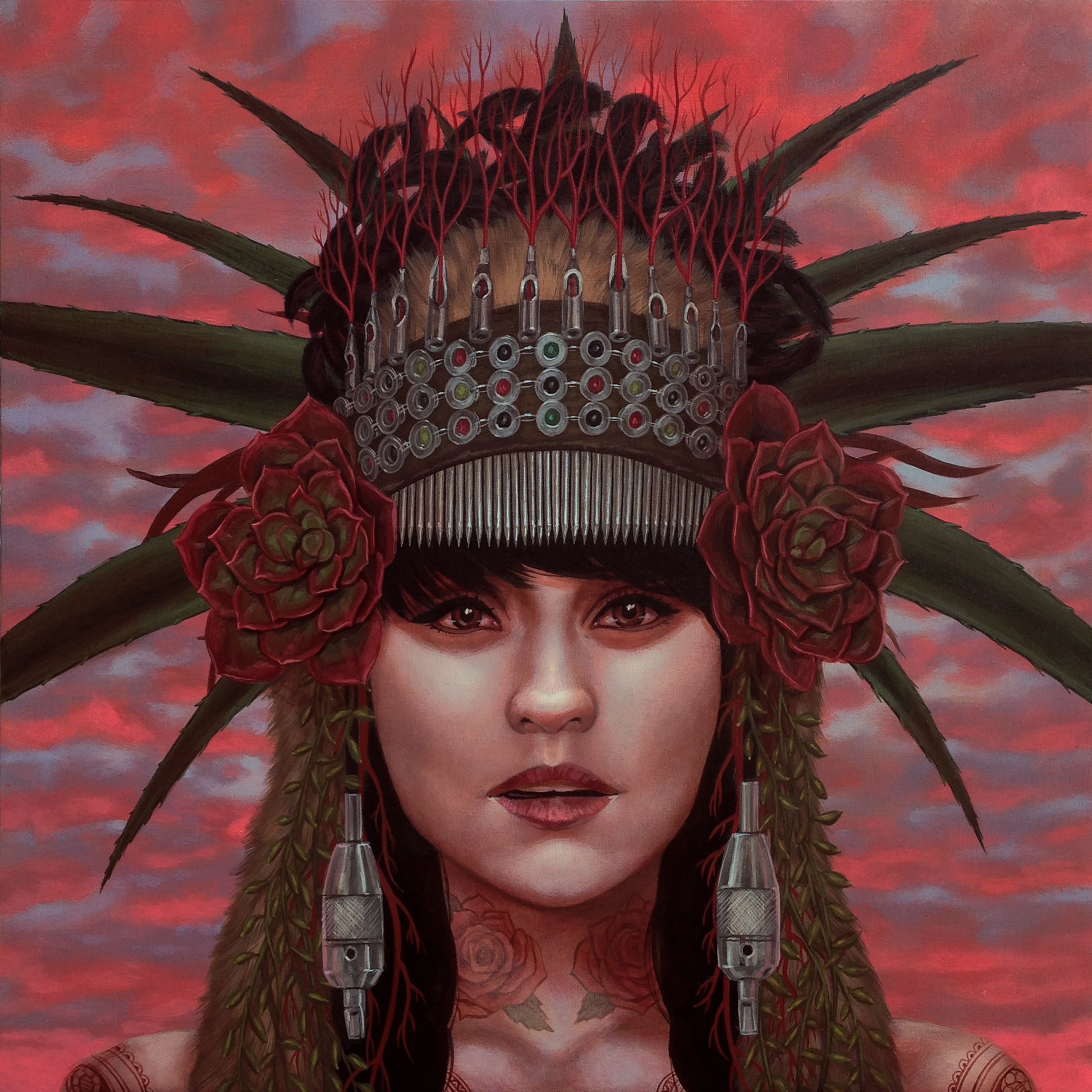Against a vibrant pink and blue sky, a serene woman adorned with a spiked headdress of red roses, greenery, and metallic elements is captured in Casey Weldons surreal style that showcases meticulous detail admired at Spoke Art.