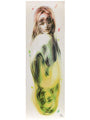 An abstract Alex Garant oil painting showcases a woman with long hair, depicted twice: upright and as a colorful reflection. Soft lines and small colored dots blend shades of pink, green, and yellow on canvas. Elegantly custom framed for display.