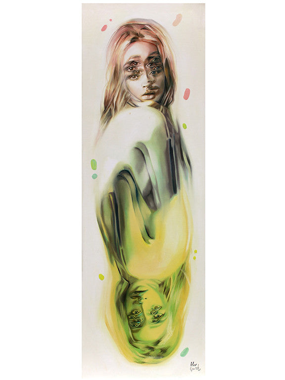 An abstract Alex Garant oil painting showcases a woman with long hair, depicted twice: upright and as a colorful reflection. Soft lines and small colored dots blend shades of pink, green, and yellow on canvas. Elegantly custom framed for display.