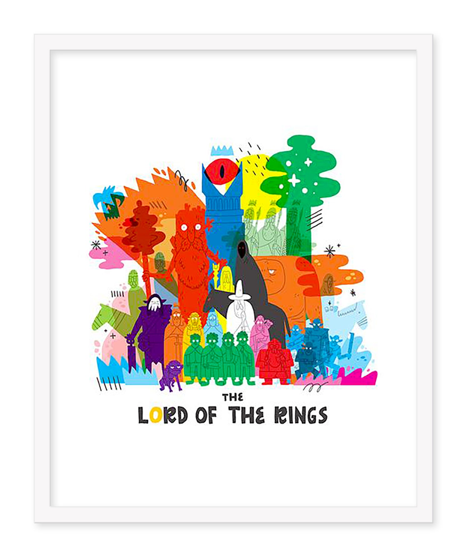 Nick Stokes vibrant abstract illustration, Lord of the Coloring, features elements inspired by The Lord of the Rings on a white background. Printed as an archival pigment print, it was exhibited at Spoke Art gallery with its title prominently displayed below.