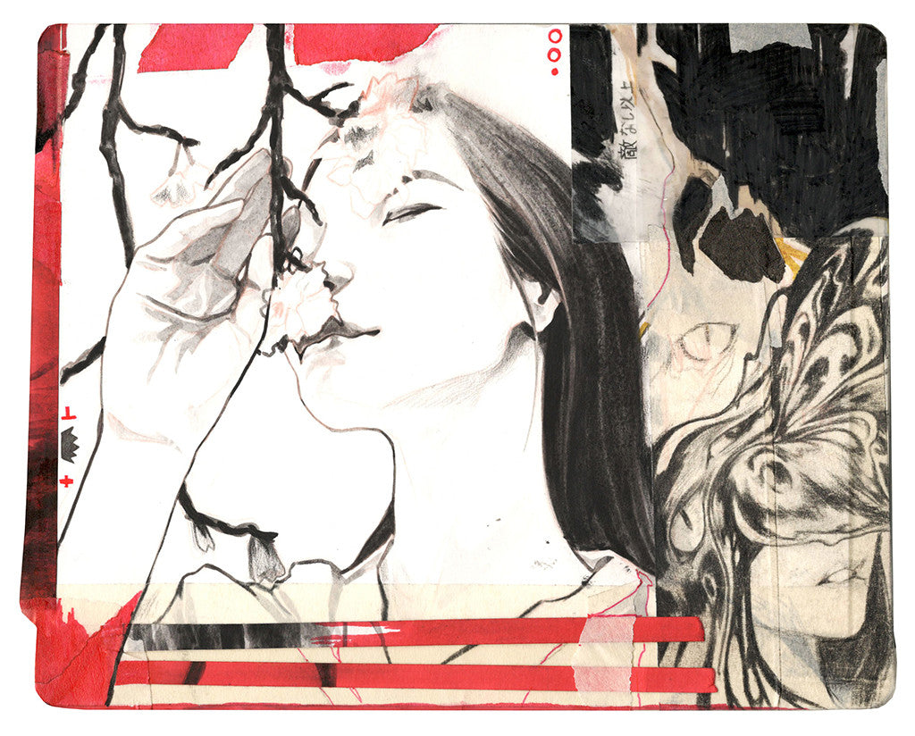 A Nimit Malavia-inspired mixed-media artwork depicts a woman, eyes closed, holding a flower to her nose. The backdrop showcases abstract patterns, red and black hues, and an intricate phoenix-like design, all in a Moleskine exhibit setting.