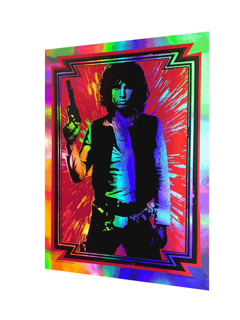 A Matt Dye psychedelic poster showcases a man with a blaster, donning a vest and belt. The vibrant rainbow foil-like background includes red, green, and blue radiating lines framed by a geometric border.