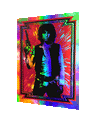 A Matt Dye psychedelic poster showcases a man with a blaster, donning a vest and belt. The vibrant rainbow foil-like background includes red, green, and blue radiating lines framed by a geometric border.