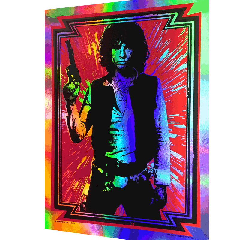 A Matt Dye psychedelic poster showcases a man with a blaster, donning a vest and belt. The vibrant rainbow foil-like background includes red, green, and blue radiating lines framed by a geometric border.