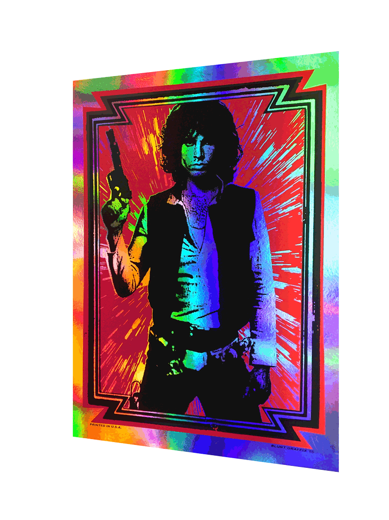 A Matt Dye psychedelic poster showcases a man with a blaster, donning a vest and belt. The vibrant rainbow foil-like background includes red, green, and blue radiating lines framed by a geometric border.