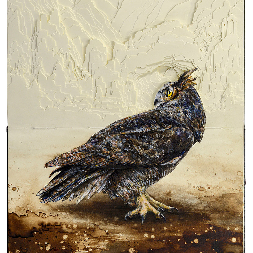 Brian Mashburn Owl ink gouache cut pages in Moleskine