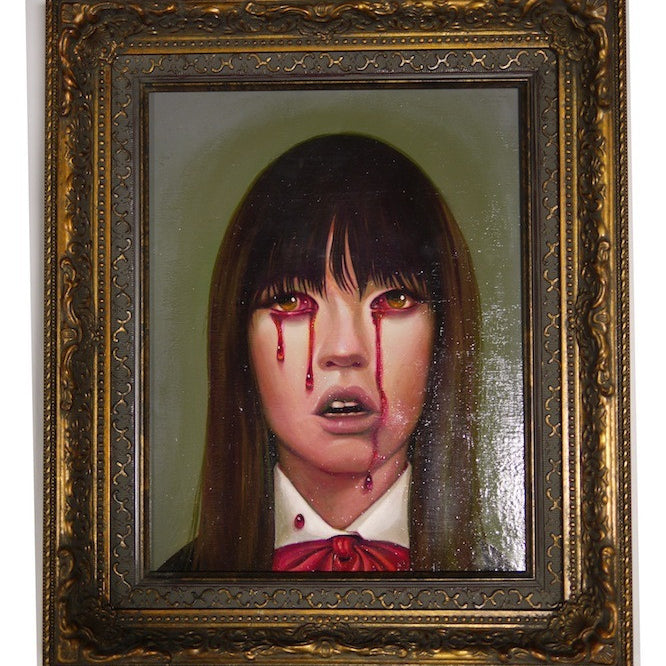Acrylic on panel, this captivating Steven Daily painting portrays a woman with long hair and bangs, adorned with a red bow tie. Red tears grace her face within an ornate gold and black frame, set against a muted green backdrop.