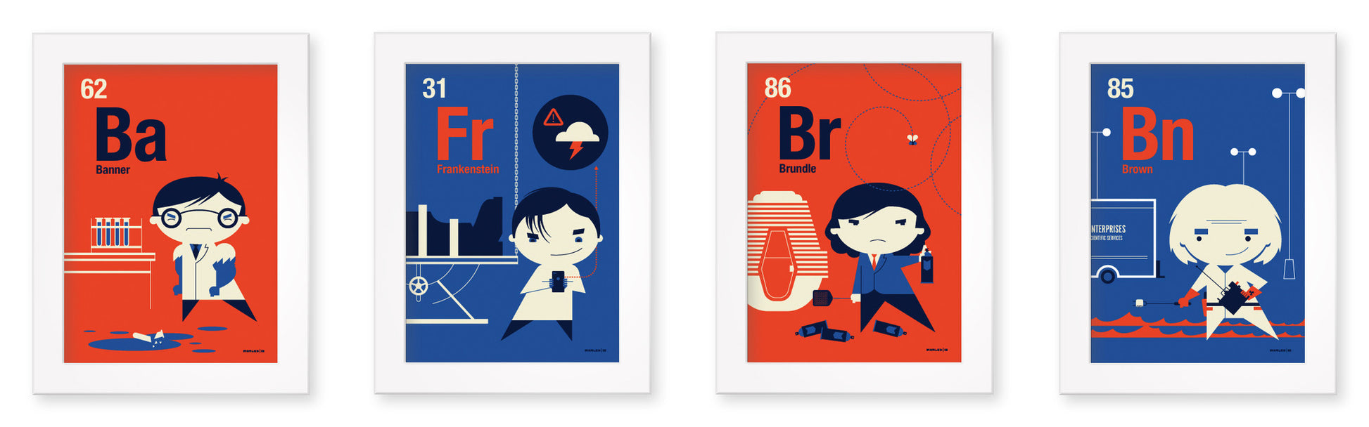 Tom Whalens art features four rectangular illustrations of stylized science-themed characters on orange and blue backdrops. Each character is linked to an element symbol and number, evocative of Periodic Table Flash Cards. Minimalist lab equipment completes this screen print design.