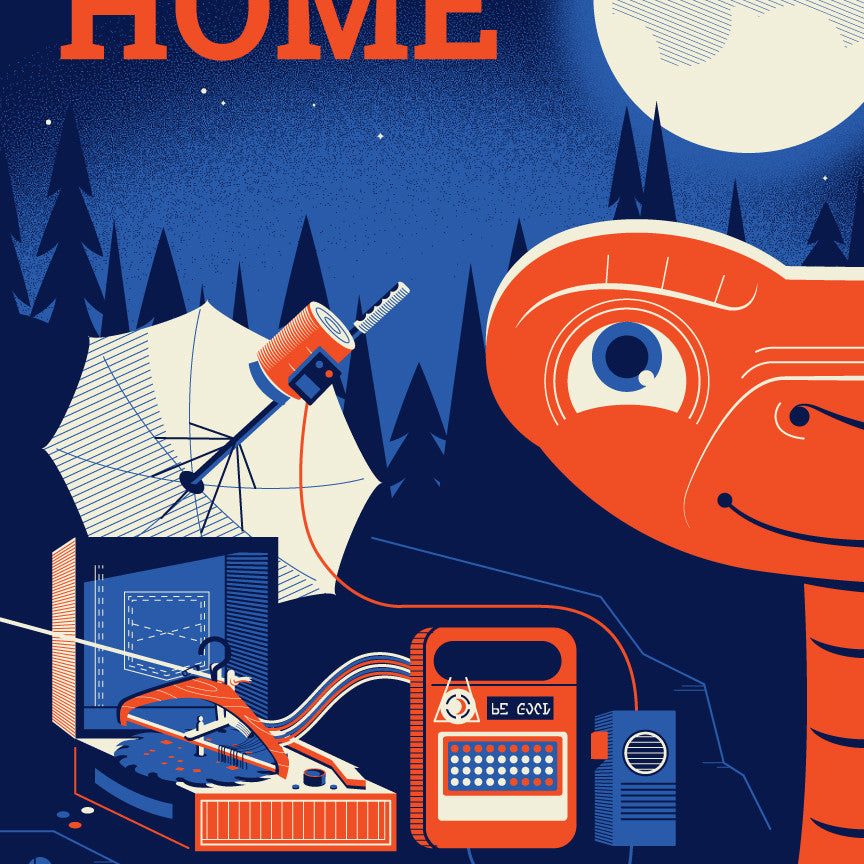 Dave Perillos retro illustration features a friendly alien with a DIY intergalactic communicator, equipped with a satellite dish, wires, and electronics. Perfect for framing, it includes the text: Phone Home: Build Your Own Intergalactic Communicator.