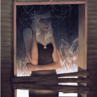 A woman with long white hair stands in a barred window, wearing a black dress and hat. Her thoughtful expression is beautifully captured in Sam Wolfe Connellys style, surrounded by elegant white abstract lines and crystal shapes in this acrylic-inspired scene.