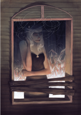 A woman with long white hair stands in a barred window, wearing a black dress and hat. Her thoughtful expression is beautifully captured in Sam Wolfe Connellys style, surrounded by elegant white abstract lines and crystal shapes in this acrylic-inspired scene.